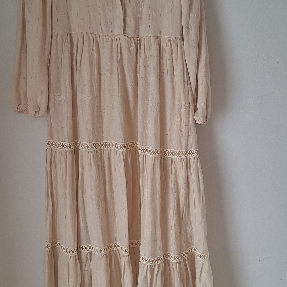 Afra Boho Style Long Sleeve Tiered Maxi Dress in Light Beige Sz L